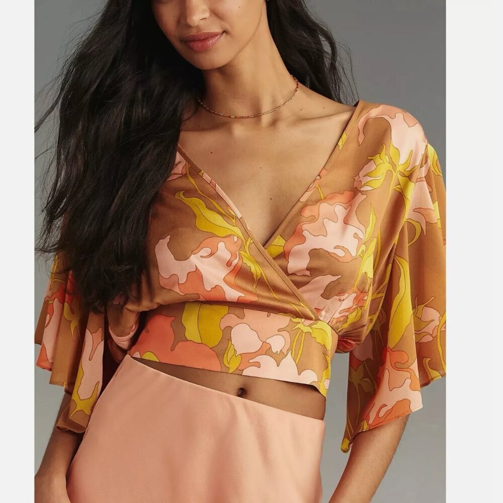 Anthropologie Tiny Olympia Faux-Wrap Top Womens XS Tan Yellow Flutter Sleeve